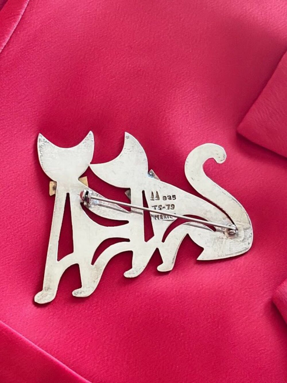 Vintage Taxco Two Trees Sterling Silver Cat Brooch Mexico Juan Sandoval Vázquez - Picture 2 of 8